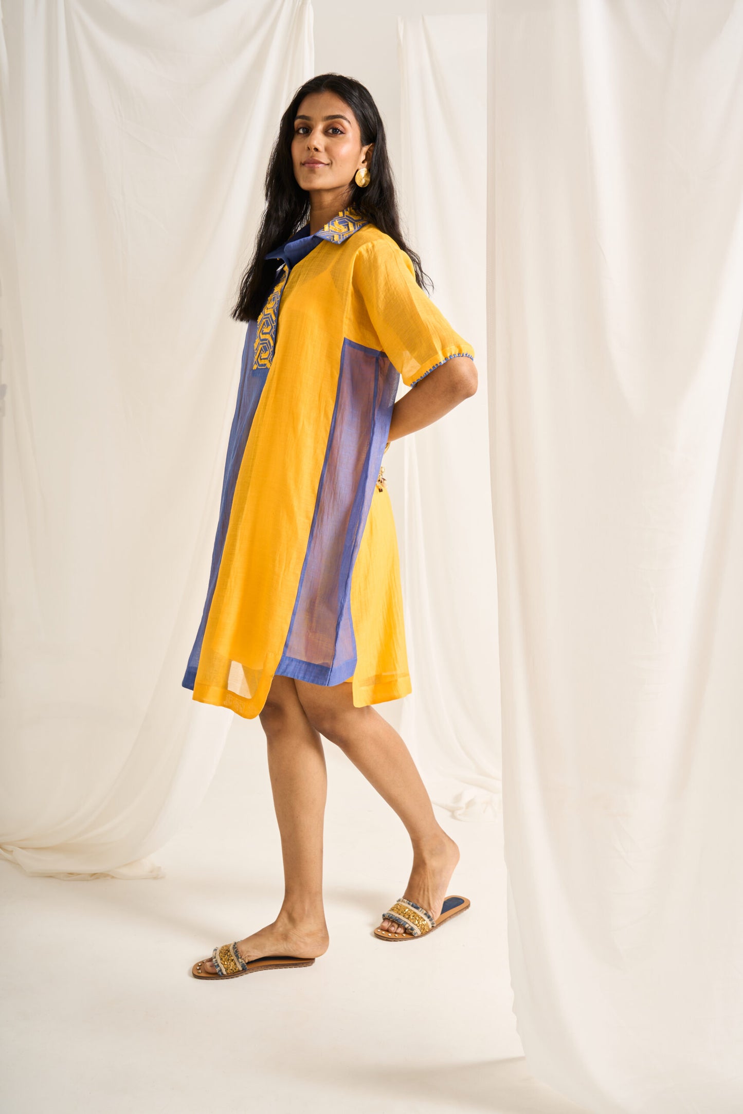 Block Shirt Dress in Cobalt and Yellow Colour