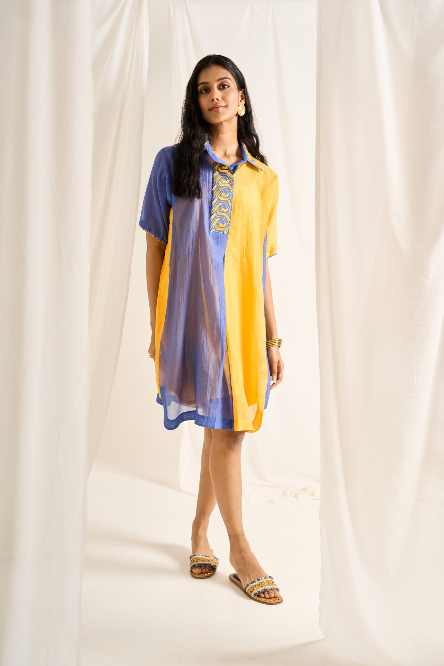 Block Shirt Dress in Cobalt and Yellow Colour