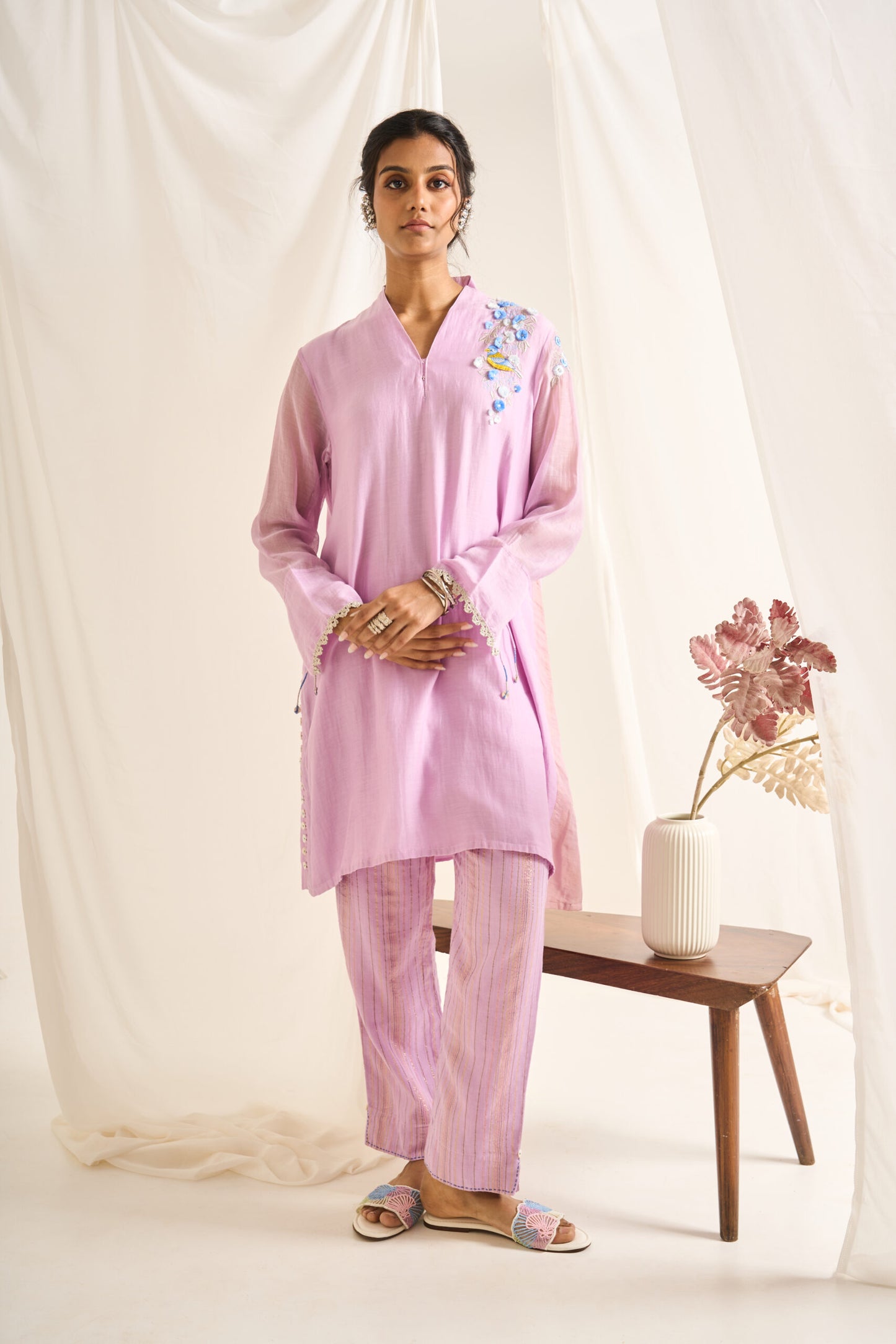 Bird Button Kurta Set in Lavender