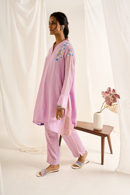 Bird Button Kurta Set in Lavender