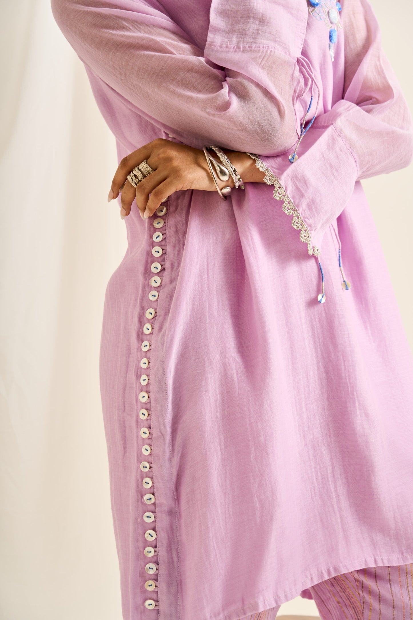 Bird Button Kurta Set in Lavender