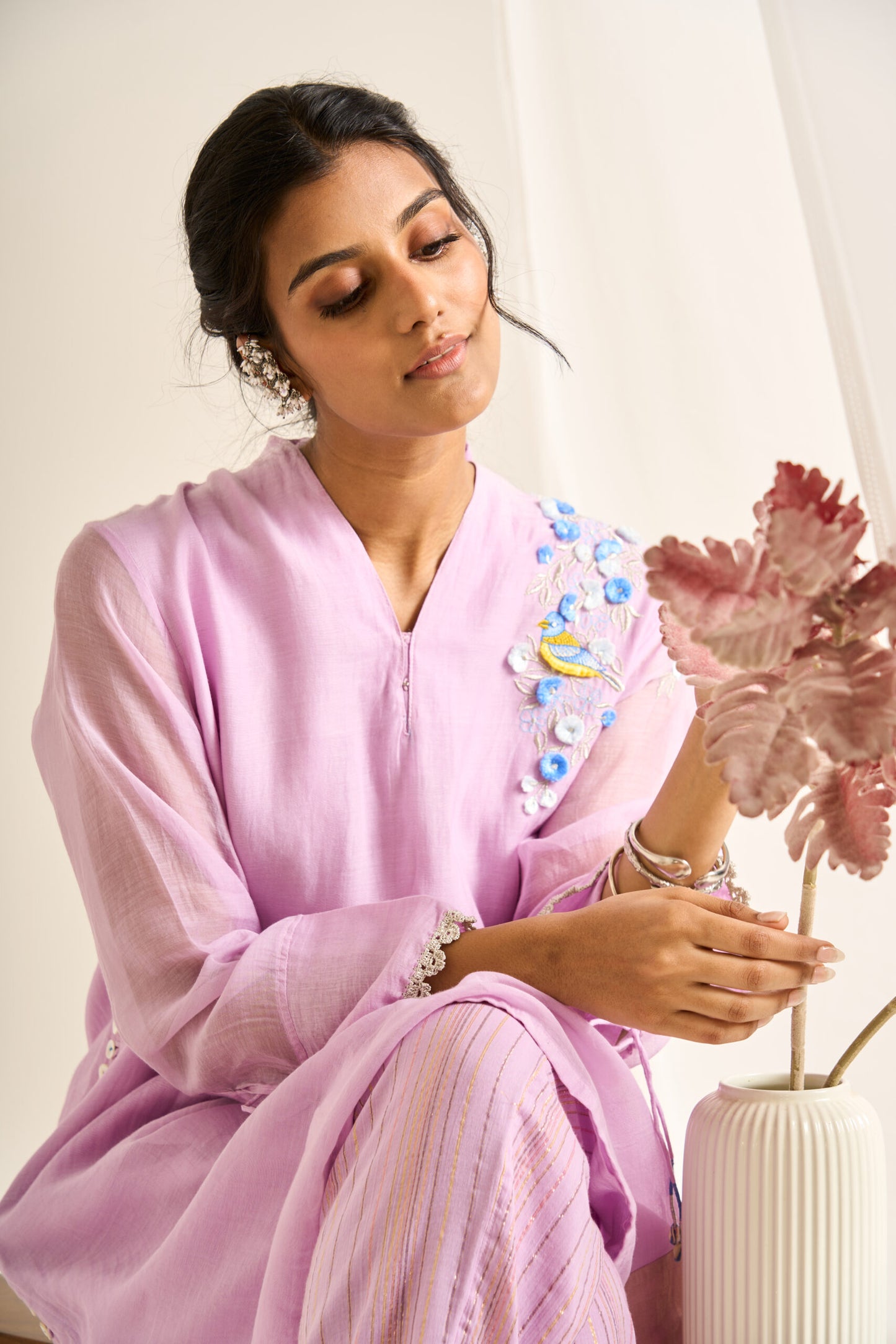 Bird Button Kurta Set in Lavender