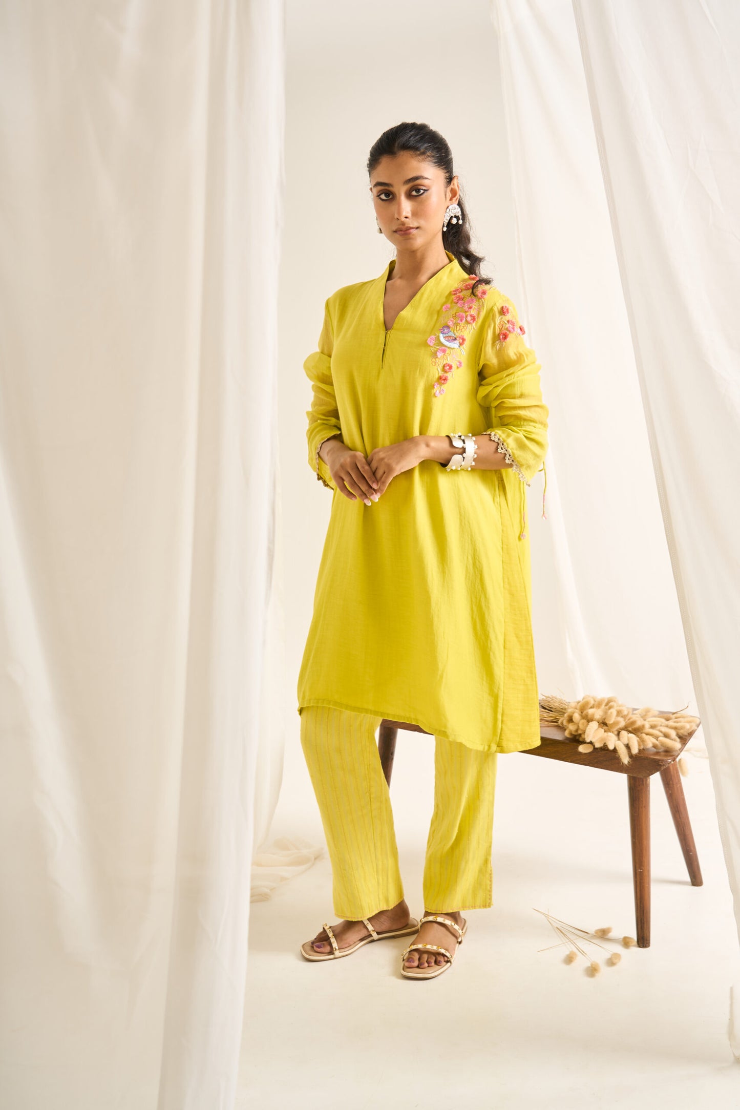 Bird Button Kurta Set in Lime Green