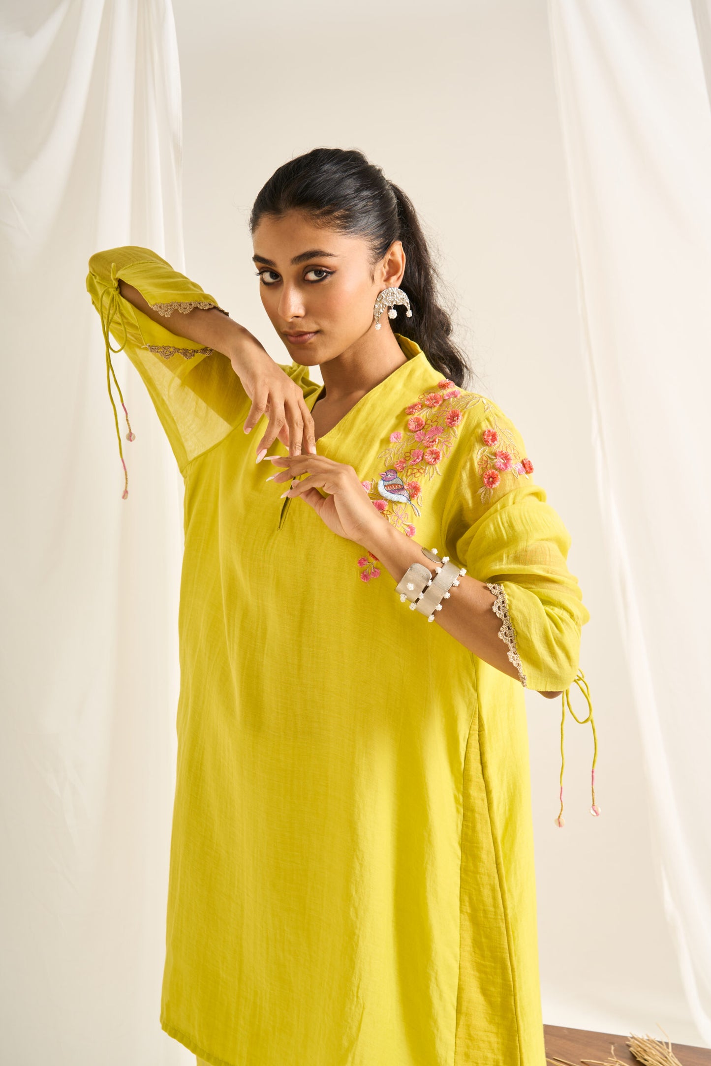 Bird Button Kurta Set in Lime Green