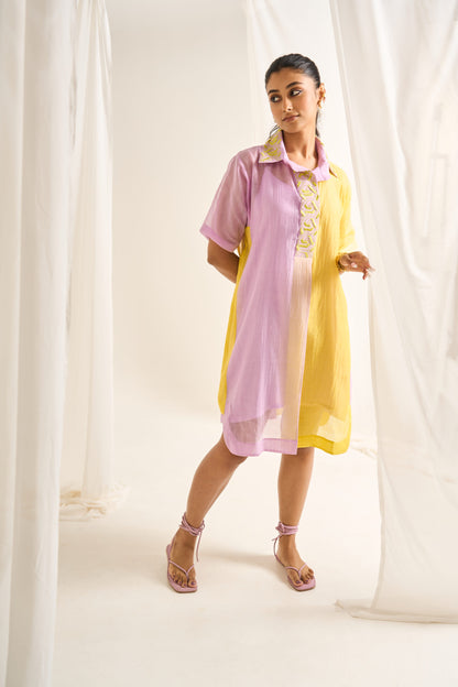 Colour Block Shirt Dress in Lime And Lavender