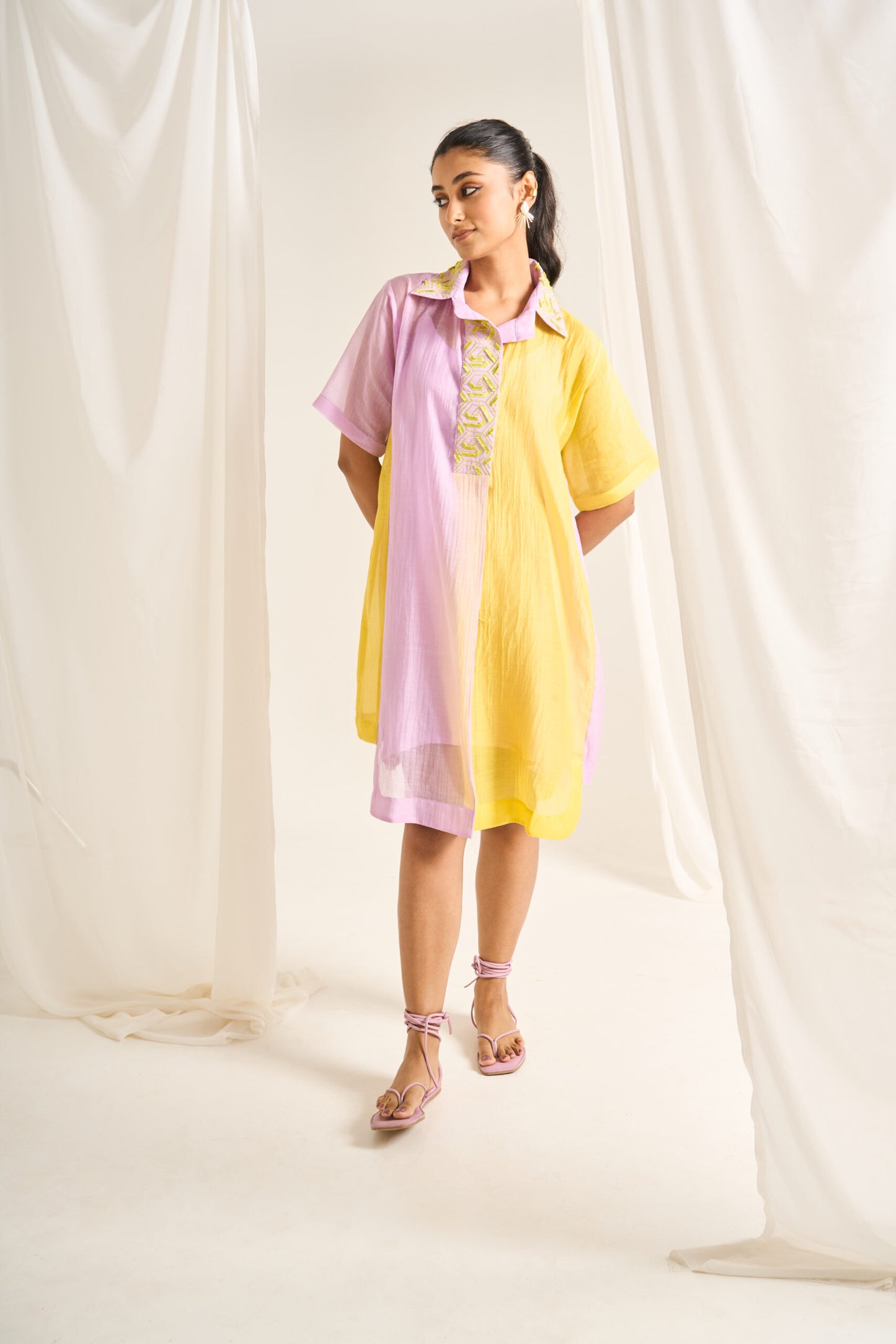 Colour Block Shirt Dress in Lime And Lavender